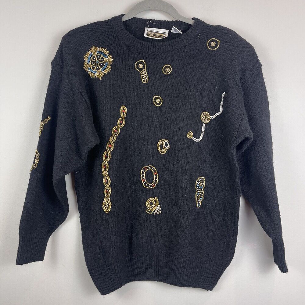 Vintage 90s Black Silk Blend Sweater‎ Multi-Color Beaded Anytime Glitz Small